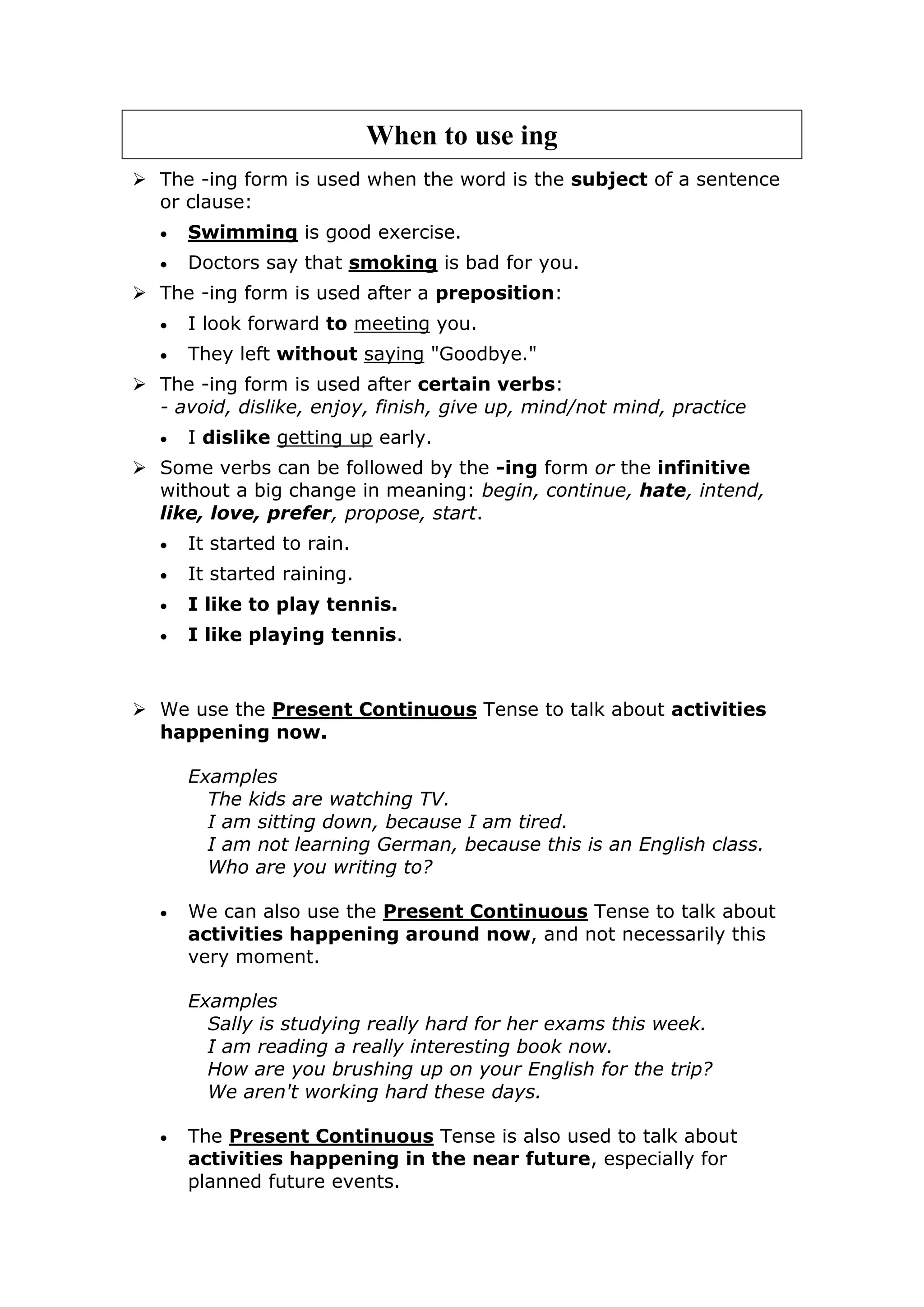 Unit 4 ING form / LIKE+ing | PDF