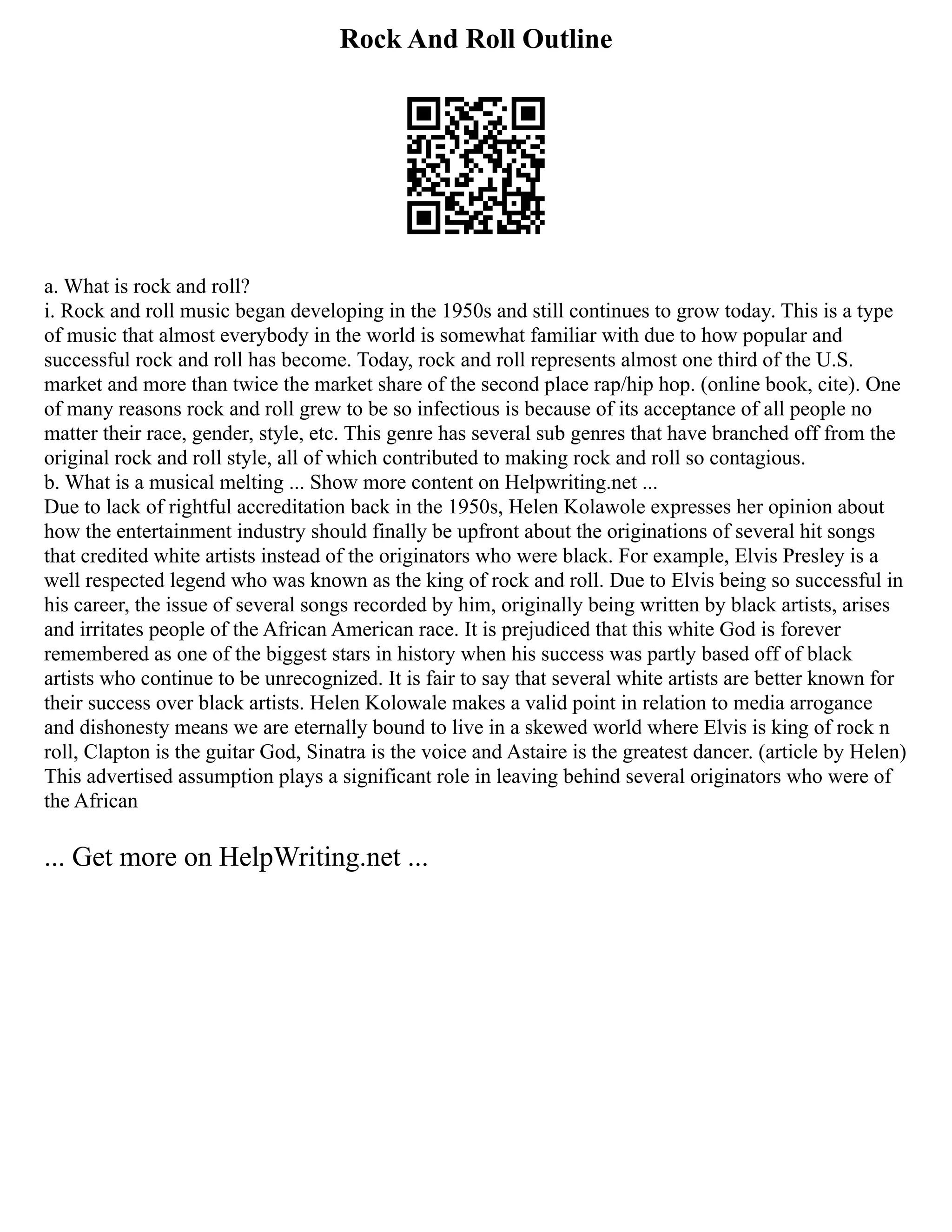 Rock And Roll Outline
a. What is rock and roll?
i. Rock and roll music began developing in the 1950s and still continues to grow today. This is a type
of music that almost everybody in the world is somewhat familiar with due to how popular and
successful rock and roll has become. Today, rock and roll represents almost one third of the U.S.
market and more than twice the market share of the second place rap/hip hop. (online book, cite). One
of many reasons rock and roll grew to be so infectious is because of its acceptance of all people no
matter their race, gender, style, etc. This genre has several sub genres that have branched off from the
original rock and roll style, all of which contributed to making rock and roll so contagious.
b. What is a musical melting ... Show more content on Helpwriting.net ...
Due to lack of rightful accreditation back in the 1950s, Helen Kolawole expresses her opinion about
how the entertainment industry should finally be upfront about the originations of several hit songs
that credited white artists instead of the originators who were black. For example, Elvis Presley is a
well respected legend who was known as the king of rock and roll. Due to Elvis being so successful in
his career, the issue of several songs recorded by him, originally being written by black artists, arises
and irritates people of the African American race. It is prejudiced that this white God is forever
remembered as one of the biggest stars in history when his success was partly based off of black
artists who continue to be unrecognized. It is fair to say that several white artists are better known for
their success over black artists. Helen Kolowale makes a valid point in relation to media arrogance
and dishonesty means we are eternally bound to live in a skewed world where Elvis is king of rock n
roll, Clapton is the guitar God, Sinatra is the voice and Astaire is the greatest dancer. (article by Helen)
This advertised assumption plays a significant role in leaving behind several originators who were of
the African
... Get more on HelpWriting.net ...
 