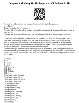 Complete A Mindmap On The Importance Of Business To The
Complete a mindmap on the importance of business to the Australian economy.
In workbook
Discuss the main roles of business.
The main role of a business is to produce goods and services to satisfy consumers demand in order to
make a profit.
Construct a series of flowcharts to show the interrelationship between producers and consumers.
Explain how business has an economic and social importance in Australia. In your answer refer to
innovation, quality of life, employment, incomes, entrepreneurship, choice, and wealth creation.
Without entrepreneurship businesses that provide choice and create innovation as well as wealth
creation would not exist. Businesses create employment for workers to earn incomes and purchase
products that improve ... Show more content on Helpwriting.net ...
Therefore we begin the recession or downswing phase of the business cycle leading to a depression
which results in High unemployment and people not spending money that contributes to the expansion
phase of the business cycle. People won t have jobs or money to spend leaving people without homes
and little food.
Expansion
Boom
Recession
Depression
GDP Growing
GDP High
GDP Declining
GDP Low
Consumer spending Growing
Consumer spending High
Consumer spending Declining
Consumer spending Low
Employment Growing
Employment High
Employment Declining
Employment Low
Unemployment Declining
Unemployment Low
Unemployment Growing
Unemployment High
Inflation Growing
Inflation High
 