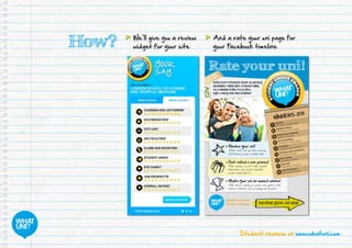 Student reviews on www.whatuni.com
How? 	We’ll give you a review
widget for your site
	And a rate your uni page for
your Facebook timeline
 