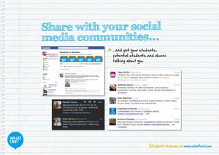 Student reviews on www.whatuni.com
Share with your social
media communities...
	...and get your students,
potential students and alumni
talking about you.
 