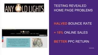 HALVED BOUNCE RATE
+ 18% ONLINE SALES
BETTER PPC RETURN
TESTING REVEALED
HOME PAGE PROBLEMS
 