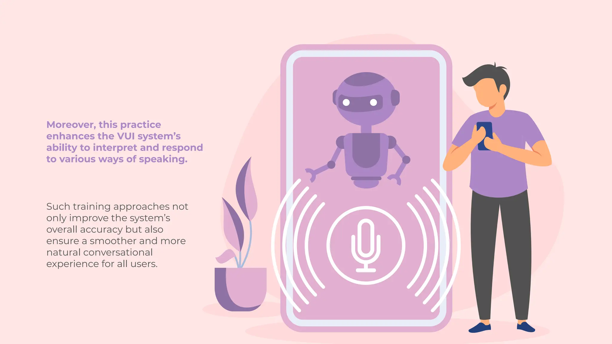 Moreover, this practice
enhances the VUI system’s
ability to interpret and respond
to various ways of speaking.
Such training approaches not
only improve the system’s
overall accuracy but also
ensure a smoother and more
natural conversational
experience for all users.
 