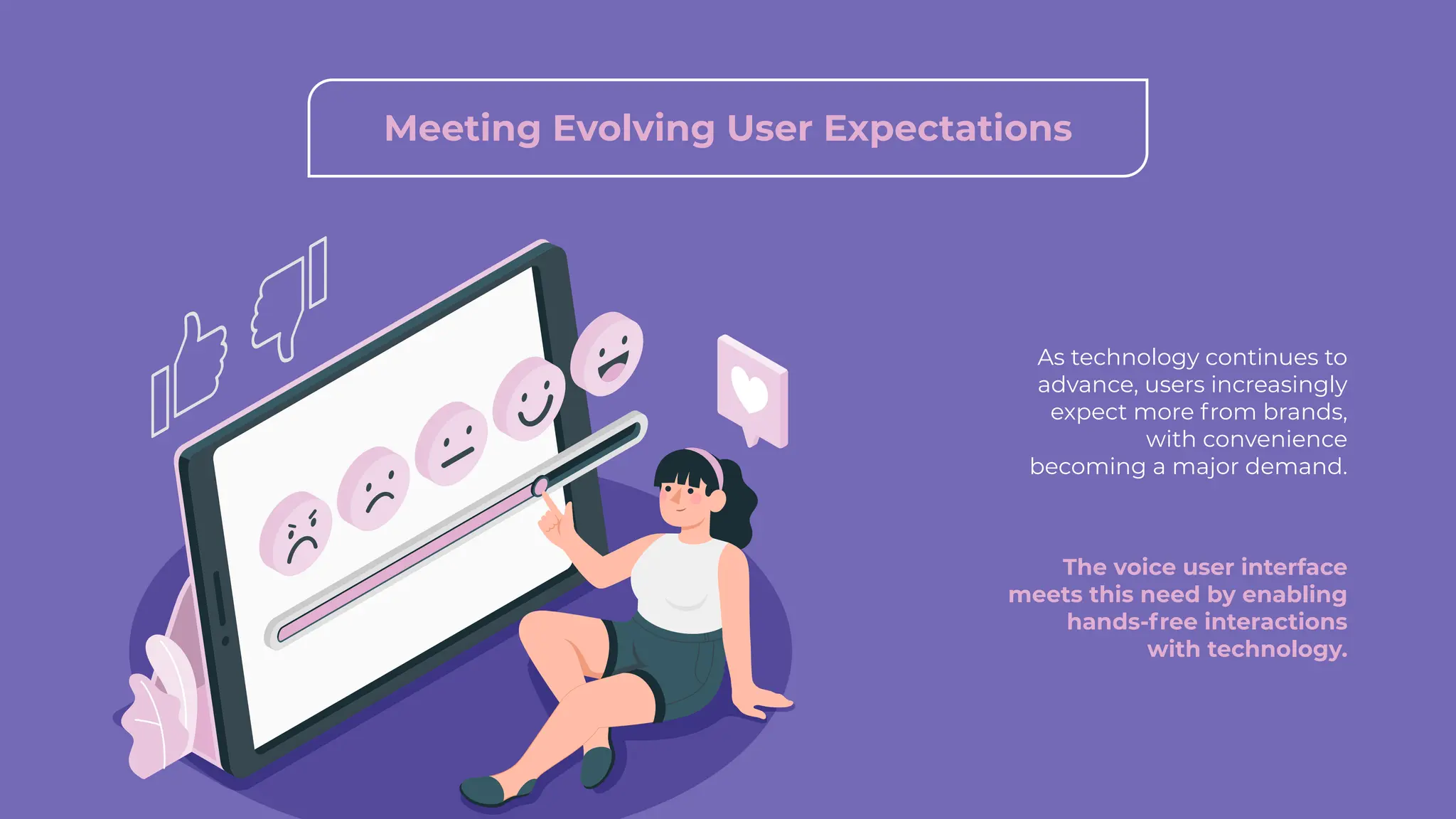 Meeting Evolving User Expectations
As technology continues to
advance, users increasingly
expect more from brands,
with convenience
becoming a major demand.
The voice user interface
meets this need by enabling
hands-free interactions
with technology.
 