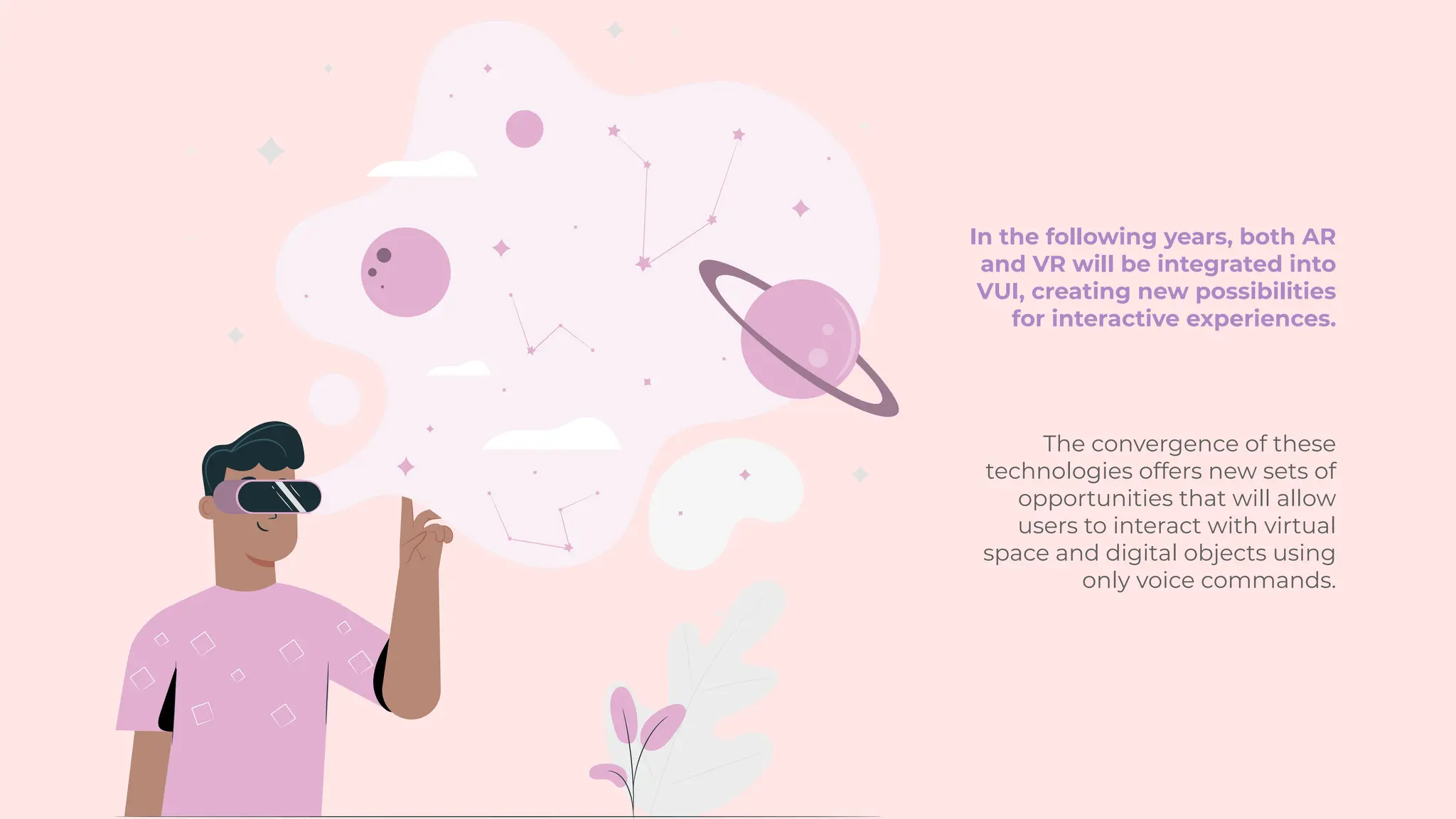 In the following years, both AR
and VR will be integrated into
VUI, creating new possibilities
for interactive experiences.
The convergence of these
technologies offers new sets of
opportunities that will allow
users to interact with virtual
space and digital objects using
only voice commands.
 