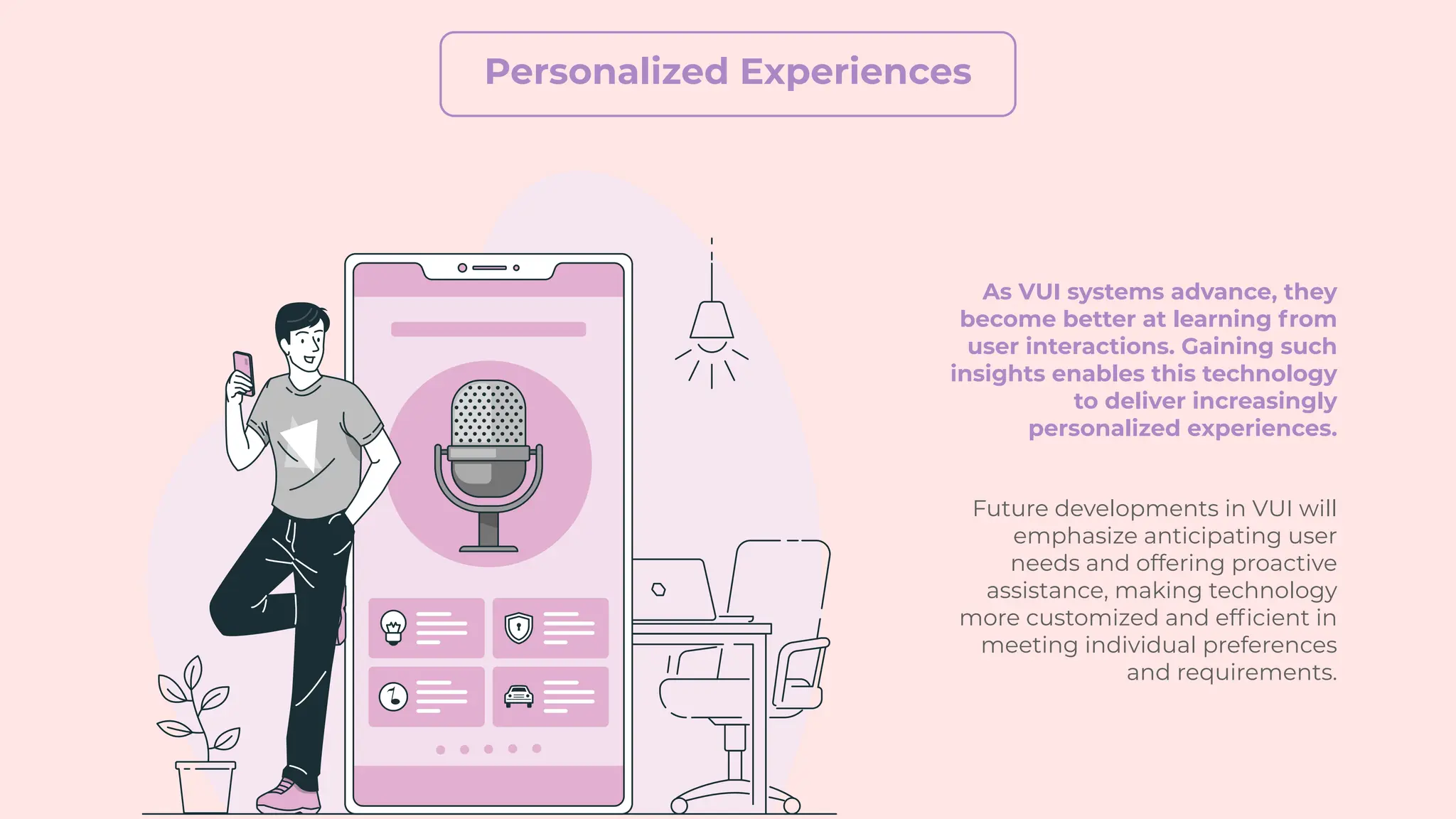 Personalized Experiences
As VUI systems advance, they
become better at learning from
user interactions. Gaining such
insights enables this technology
to deliver increasingly
personalized experiences.
Future developments in VUI will
emphasize anticipating user
needs and offering proactive
assistance, making technology
more customized and efficient in
meeting individual preferences
and requirements.
 