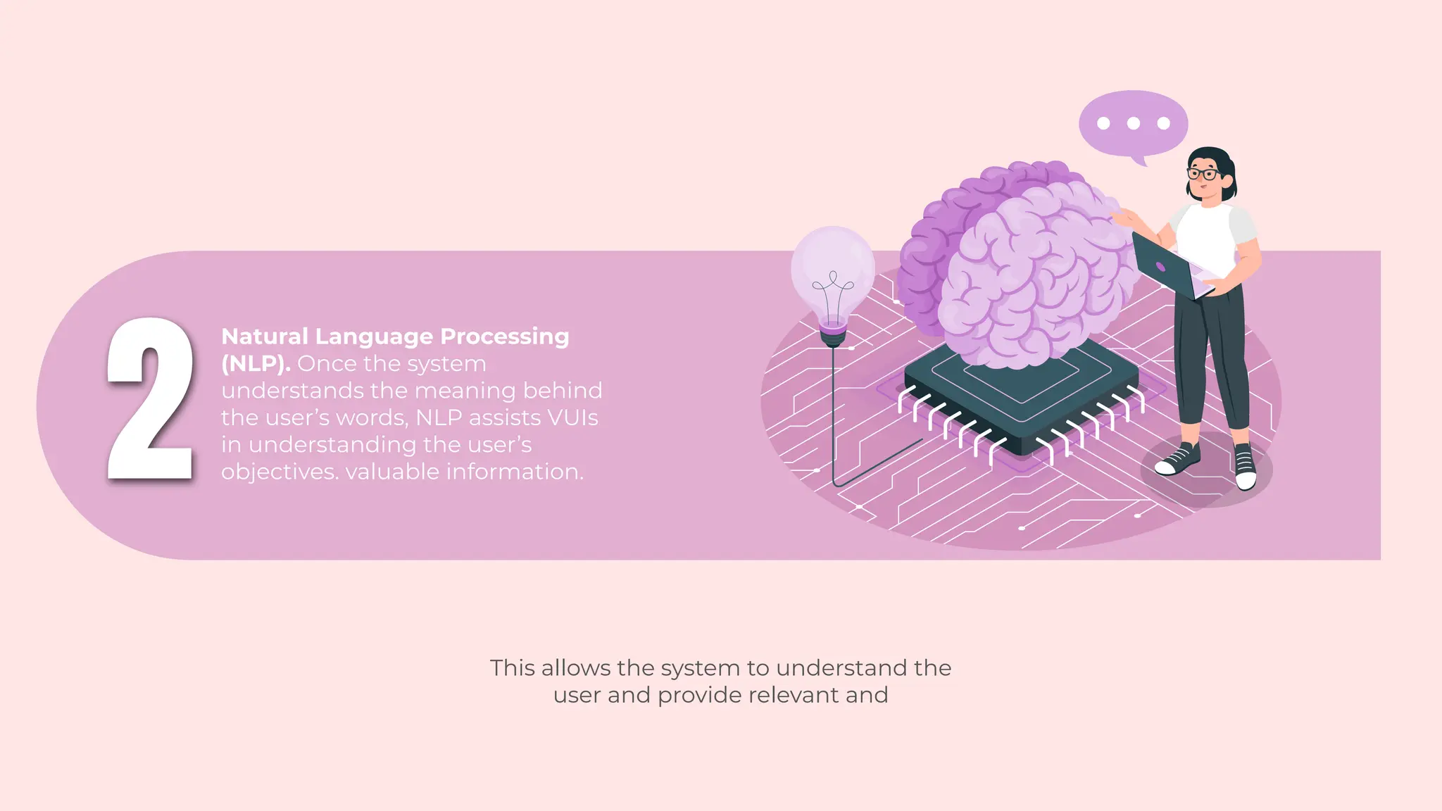 2
Natural Language Processing
(NLP). Once the system
understands the meaning behind
the user’s words, NLP assists VUIs
in understanding the user’s
objectives. valuable information.
This allows the system to understand the
user and provide relevant and
 