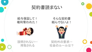 契約書読まない
そんな契約書
結んでないよ！
給与保証して！
権利奪われた！
説明されない・・
搾取される
契約外の要求・・
社会のルールは？
 