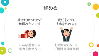 辞める
責任をとって
担当を外れます
続けたかったけど
無理みたいです
こんな運営じゃ
実力を出せない
お金にならないし
ご機嫌取りは無理
 