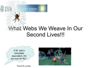 What Webs We Weave In Our Second Lives!!! if SL had a chocolate equivalent, it'd be over for RL!* *Actual SL quotes 