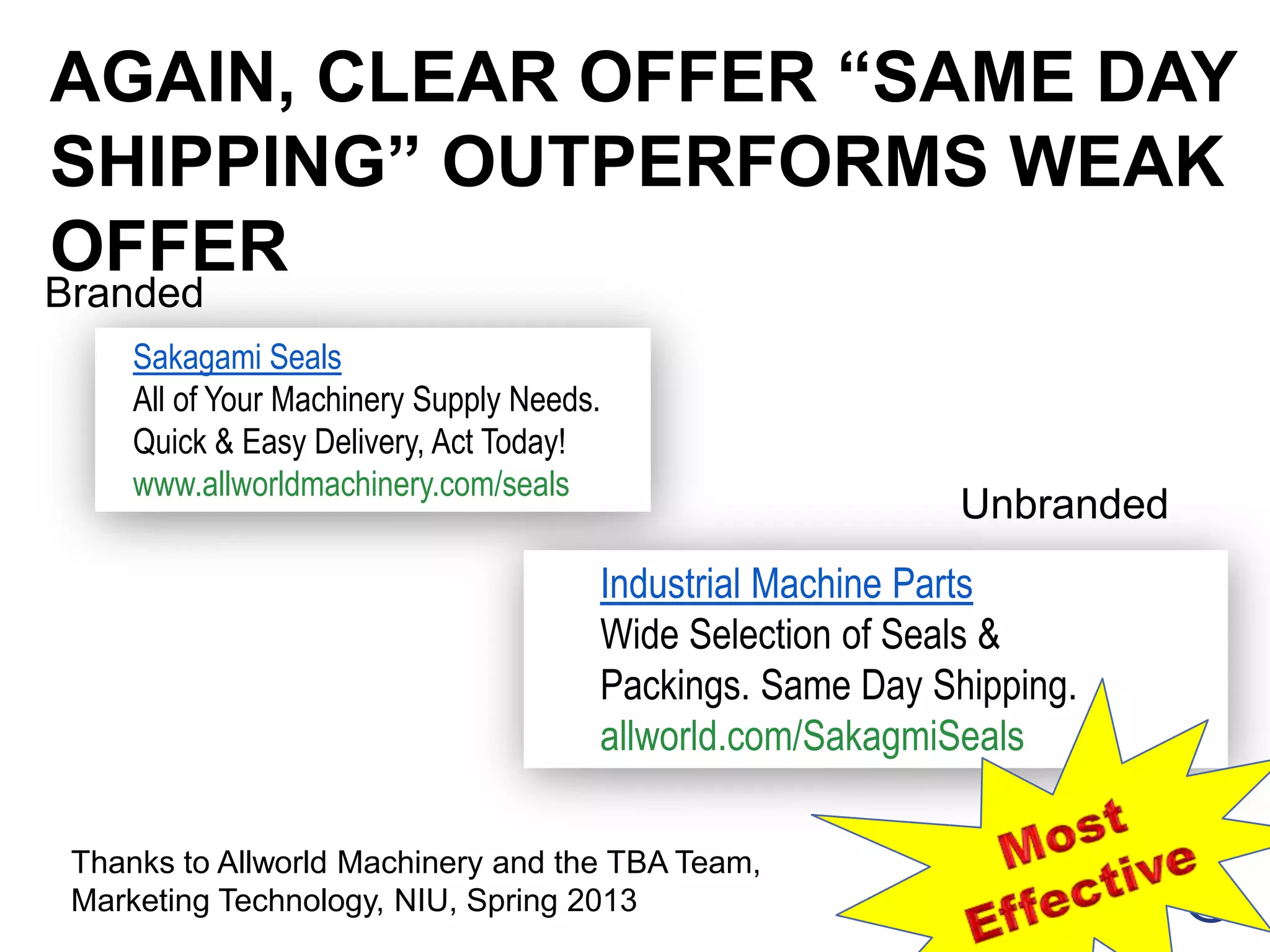 Branded
Unbranded
AGAIN, CLEAR OFFER “SAME DAY
SHIPPING” OUTPERFORMS WEAK
OFFER
Thanks to Allworld Machinery and the TBA Team,
Marketing Technology, NIU, Spring 2013
Sakagami Seals
All of Your Machinery Supply Needs.
Quick & Easy Delivery, Act Today!
www.allworldmachinery.com/seals
Industrial Machine Parts
Wide Selection of Seals &
Packings. Same Day Shipping.
allworld.com/SakagmiSeals
 