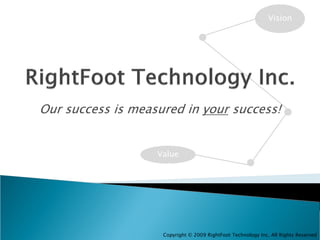 Vision




Our success is measured in your success!


                   Value




                    Copyright © 2009 RightFoot Technology Inc. All Rights Reserved
 