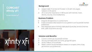 COMCAST
Xfinity xFi
Smart Home/ IoT
Background
● Largest Cable TV & Internet Provider in US with 3rd Largest
network on the planet
● xFi is consumer experience in 3M houses with internet, router,
devices, security, voice & telephony
Business Problem
● Integrate all experience in a smart home
● Create innovative ideas based on cross-platform and household member
preferences
● Add integrated value of xFinity triple play & quad-play services (internet,
VoIP, cable TV & home security)
Solution and Beneﬁts
● Custom content per household member
● Security reminders (kids are home, garage left open)
● Serves millions of households
● Makes content recommendations based on occupant, time of day,
permissions and preferences
 