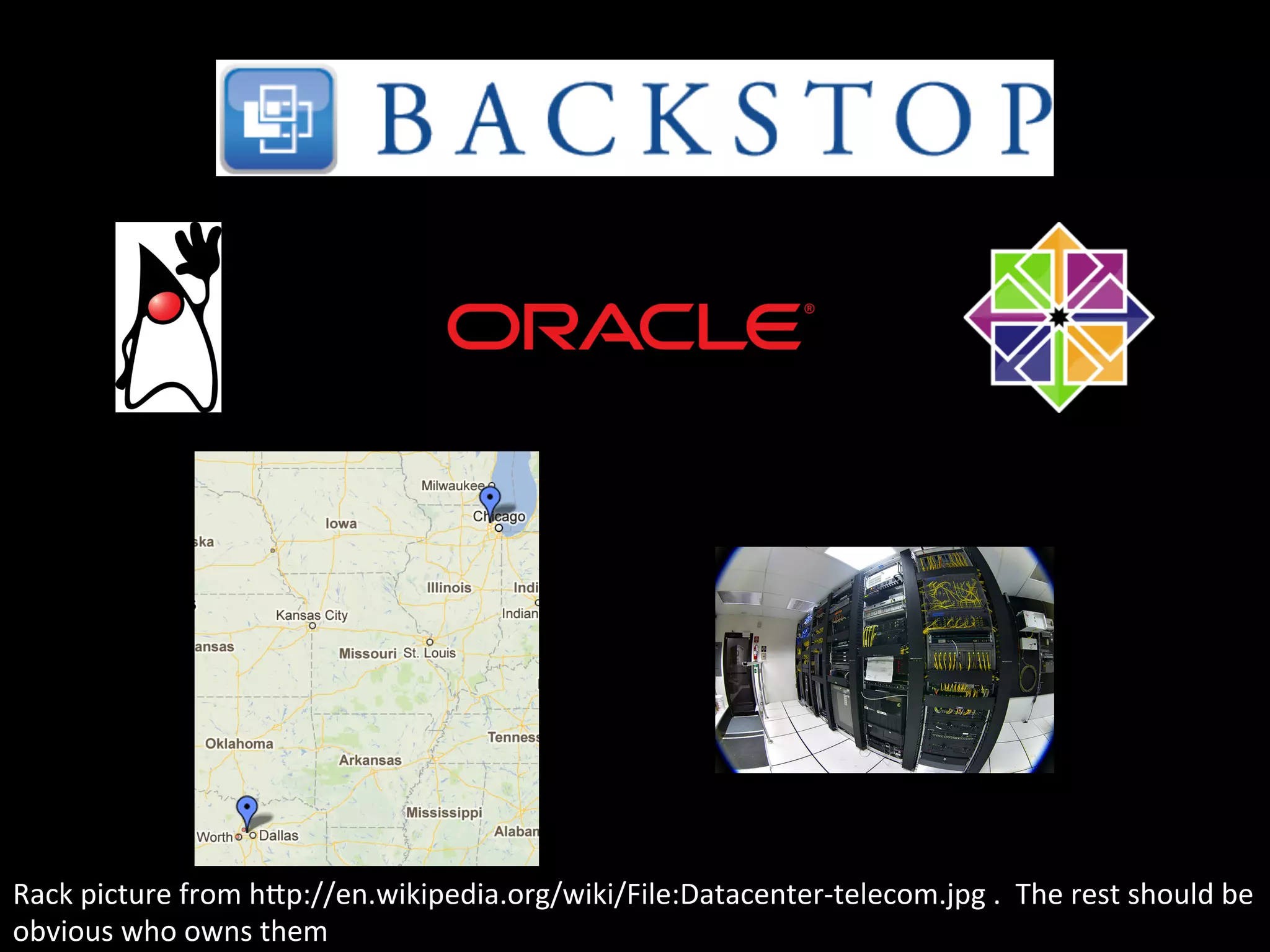  




Rack	
  picture	
  from	
  hIp://en.wikipedia.org/wiki/File:Datacenter-­‐telecom.jpg	
  .	
  	
  The	
  rest	
  should	
  be	
  
obvious	
  who	
  owns	
  them	
  
 