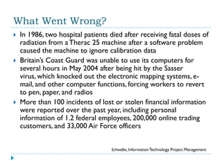 What Went Wrong?
   In 1986, two hospital patients died after receiving fatal doses of
    radiation from a Therac 25 machine after a software problem
    caused the machine to ignore calibration data
   Britain’s Coast Guard was unable to use its computers for
    several hours in May 2004 after being hit by the Sasser
    virus, which knocked out the electronic mapping systems, e-
    mail, and other computer functions, forcing workers to revert
    to pen, paper, and radios
   More than 100 incidents of lost or stolen financial information
    were reported over the past year, including personal
    information of 1.2 federal employees, 200,000 online trading
    customers, and 33,000 Air Force officers


                                    Schwalbe, Information Technology Project Management
 