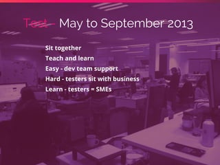 Test - May to September 2013 
Sit together 
Teach and learn 
Easy - dev team support 
Hard - testers sit with business 
Le...