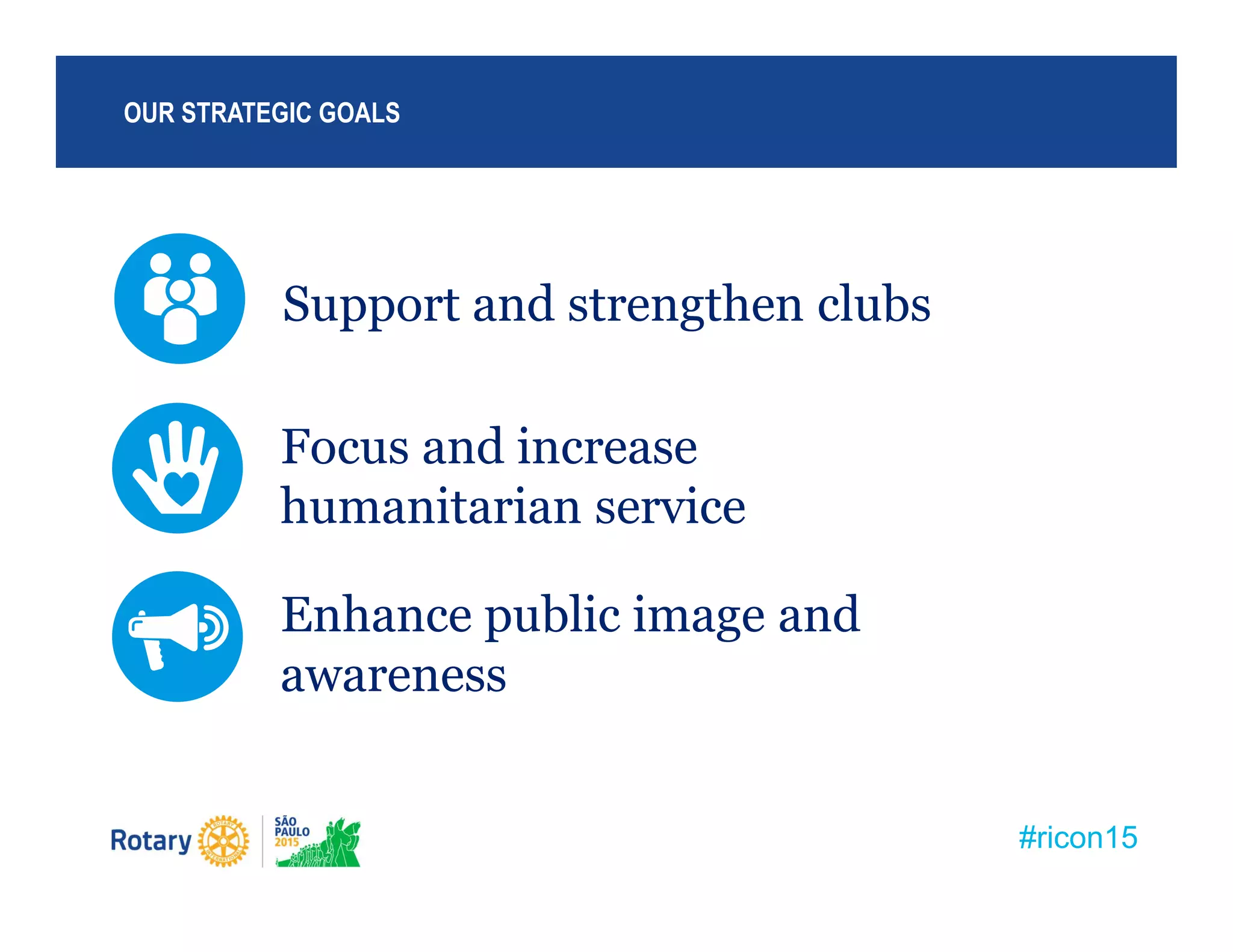 #ricon15
OUR STRATEGIC GOALS
Support and strengthen clubs
Focus and increase
humanitarian service
Enhance public image and
awareness
 