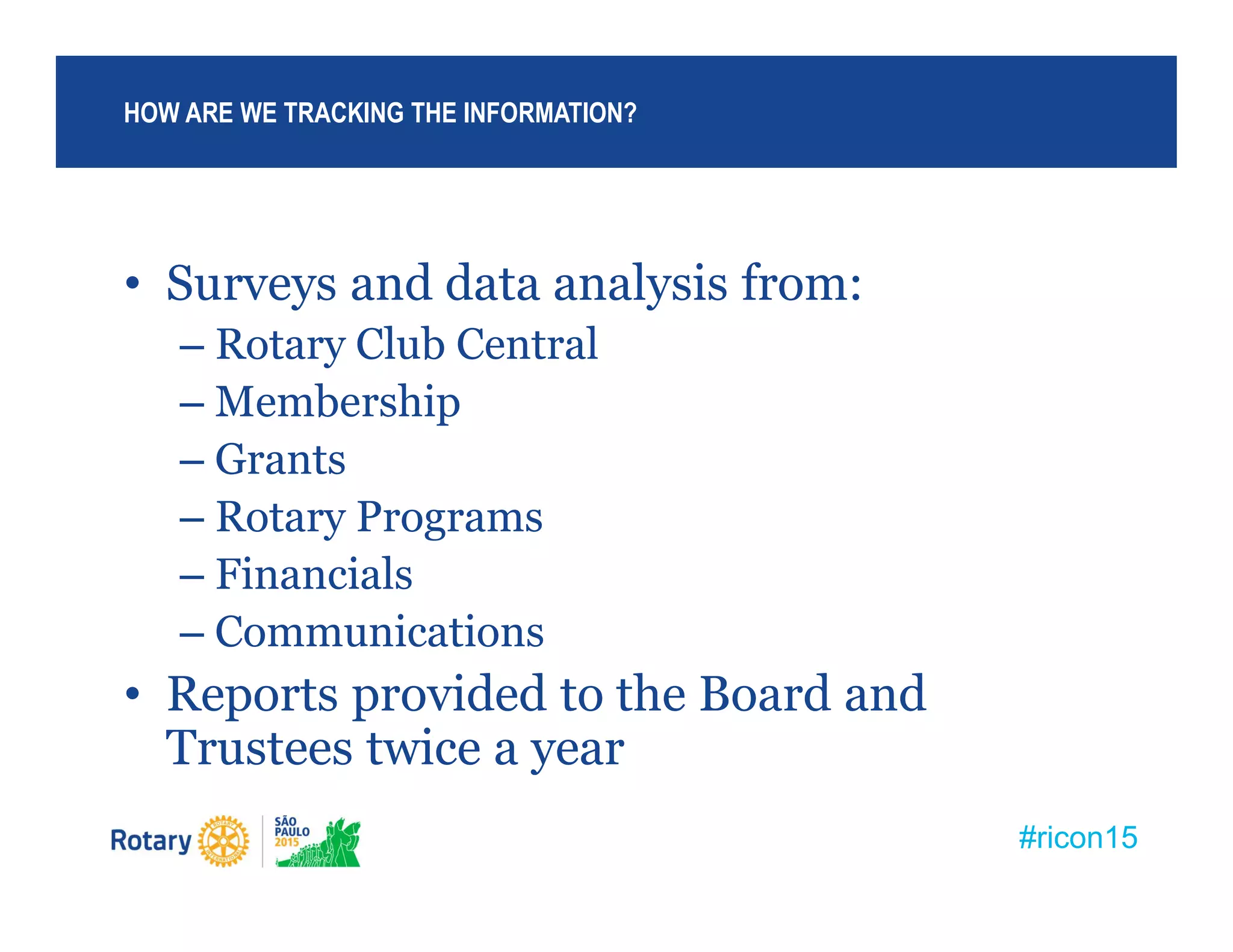 #ricon15
• Surveys and data analysis from:
– Rotary Club Central
– Membership
– Grants
– Rotary Programs
– Financials
– Communications
• Reports provided to the Board and
Trustees twice a year
HOW ARE WE TRACKING THE INFORMATION?
 