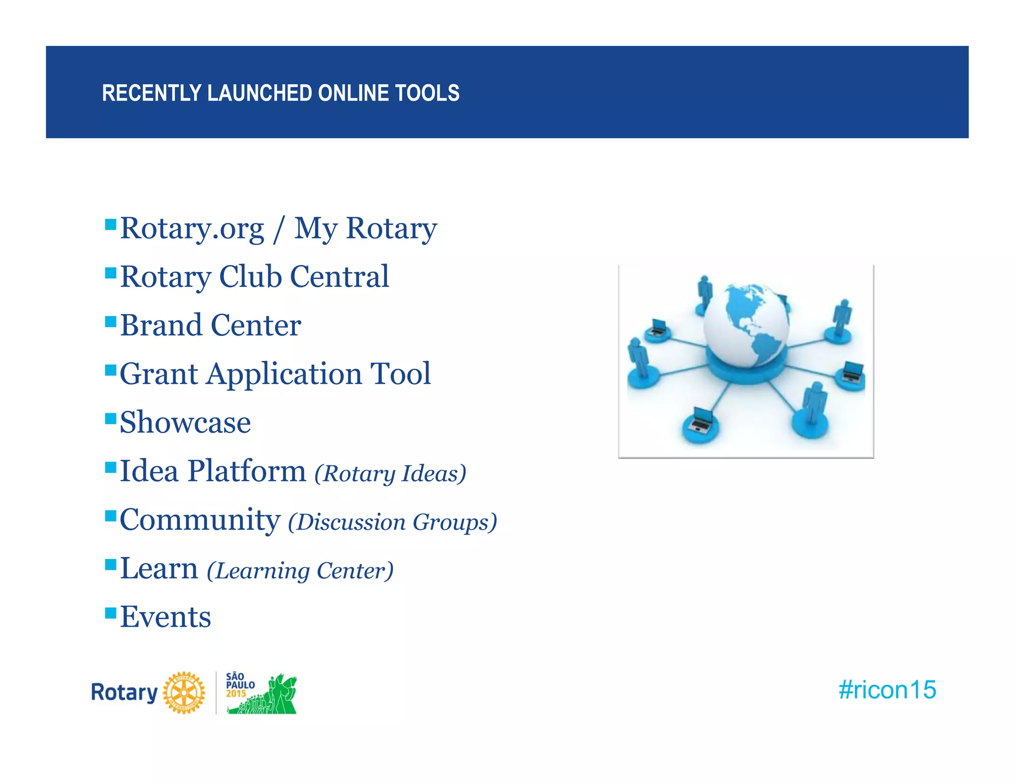 #ricon15
Rotary.org / My Rotary
Rotary Club Central
Brand Center
Grant Application Tool
Showcase
Idea Platform (Rotary Ideas)
Community (Discussion Groups)
Learn (Learning Center)
Events
RECENTLY LAUNCHED ONLINE TOOLS
 