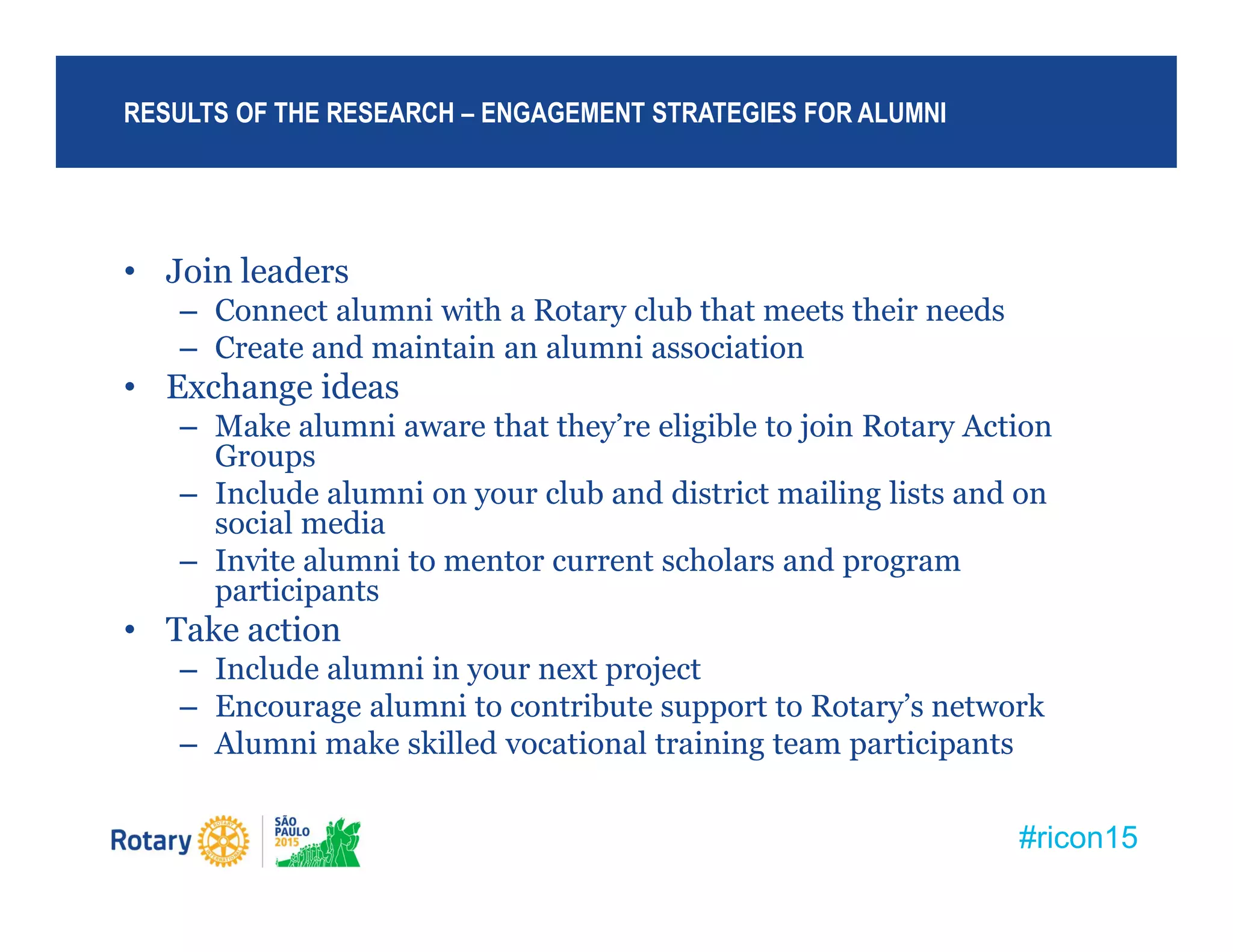 #ricon15
• Join leaders
– Connect alumni with a Rotary club that meets their needs
– Create and maintain an alumni association
• Exchange ideas
– Make alumni aware that they’re eligible to join Rotary Action
Groups
– Include alumni on your club and district mailing lists and on
social media
– Invite alumni to mentor current scholars and program
participants
• Take action
– Include alumni in your next project
– Encourage alumni to contribute support to Rotary’s network
– Alumni make skilled vocational training team participants
RESULTS OF THE RESEARCH – ENGAGEMENT STRATEGIES FOR ALUMNI
 