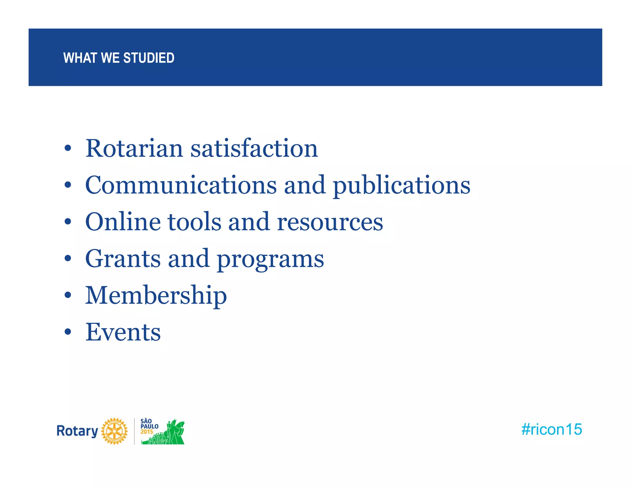 #ricon15
• Rotarian satisfaction
• Communications and publications
• Online tools and resources
• Grants and programs
• Membership
• Events
WHAT WE STUDIED
 