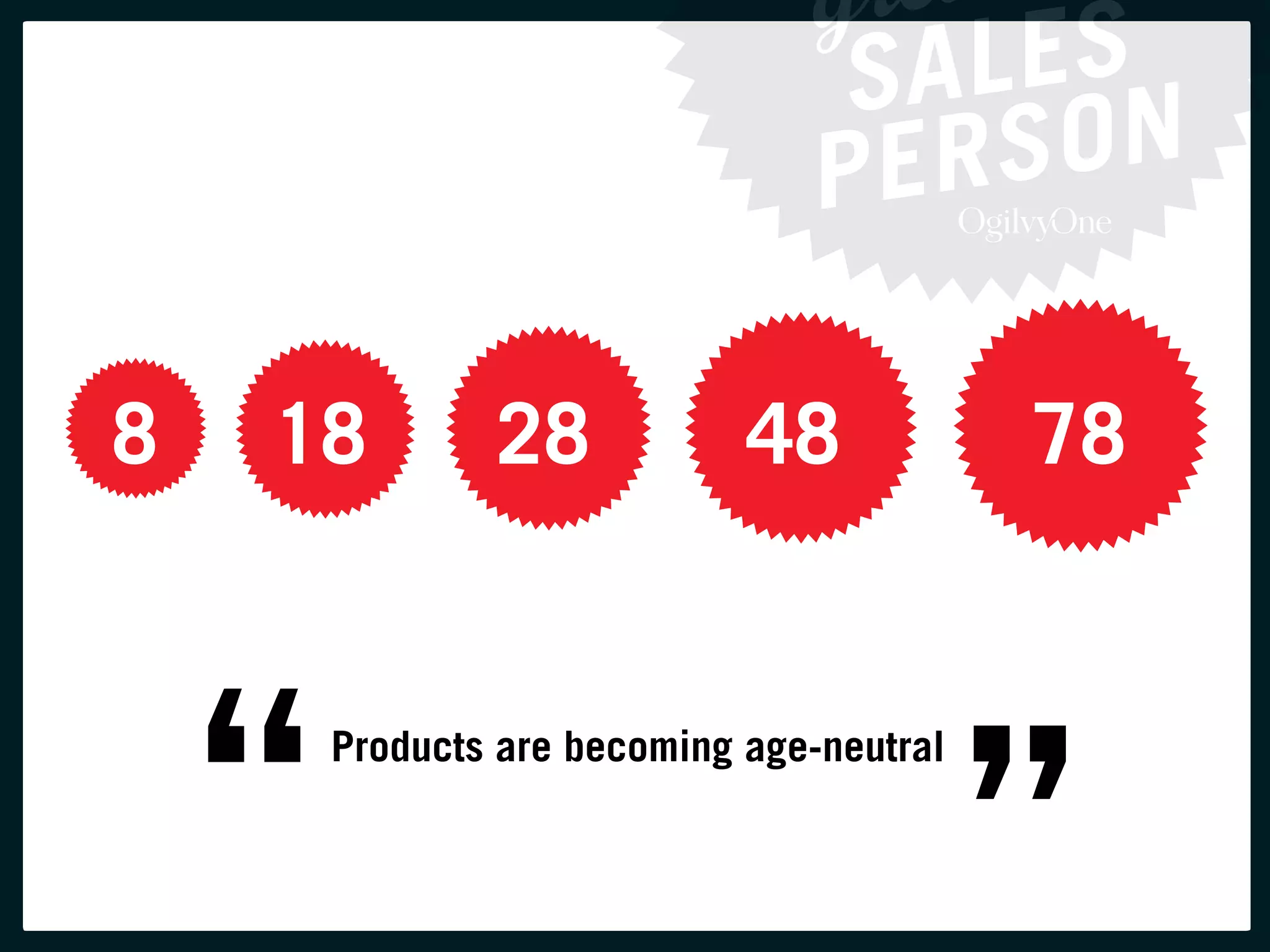 8   18          28            48            78



    “   Products are becoming age-neutral


                                            ”
 