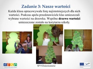 Zadanie 3: Nasze wartości
Każda klasa opracowywała listę najistotniejszych dla nich
wartości. Podczas apelu przedstawiciele klas umieszczali
wybrane wartości na drzewku. Wspólne drzewo wartości
umieszczone zostało na korytarzu szkoły.
SP 9 Dzierżoniów
 