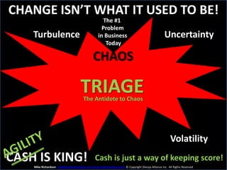 CHANGE ISN’T WHAT IT USED TO BE!
                                                    The #1
                                                   Problem
    Turbulence                                   in Business                                    Uncertainty
                                                     Today

                                             CHAOS

                                     TRIAGE
                                       The Antidote to Chaos




                                                                                                    Volatility
CASH IS KING!                                  Cash is just a way of keeping score!
    Mike Richardson mike@mydrivingseat.com www.mydrivingseat.com © Copyright Sherpa Alliance Inc. All Rights Reserved
 