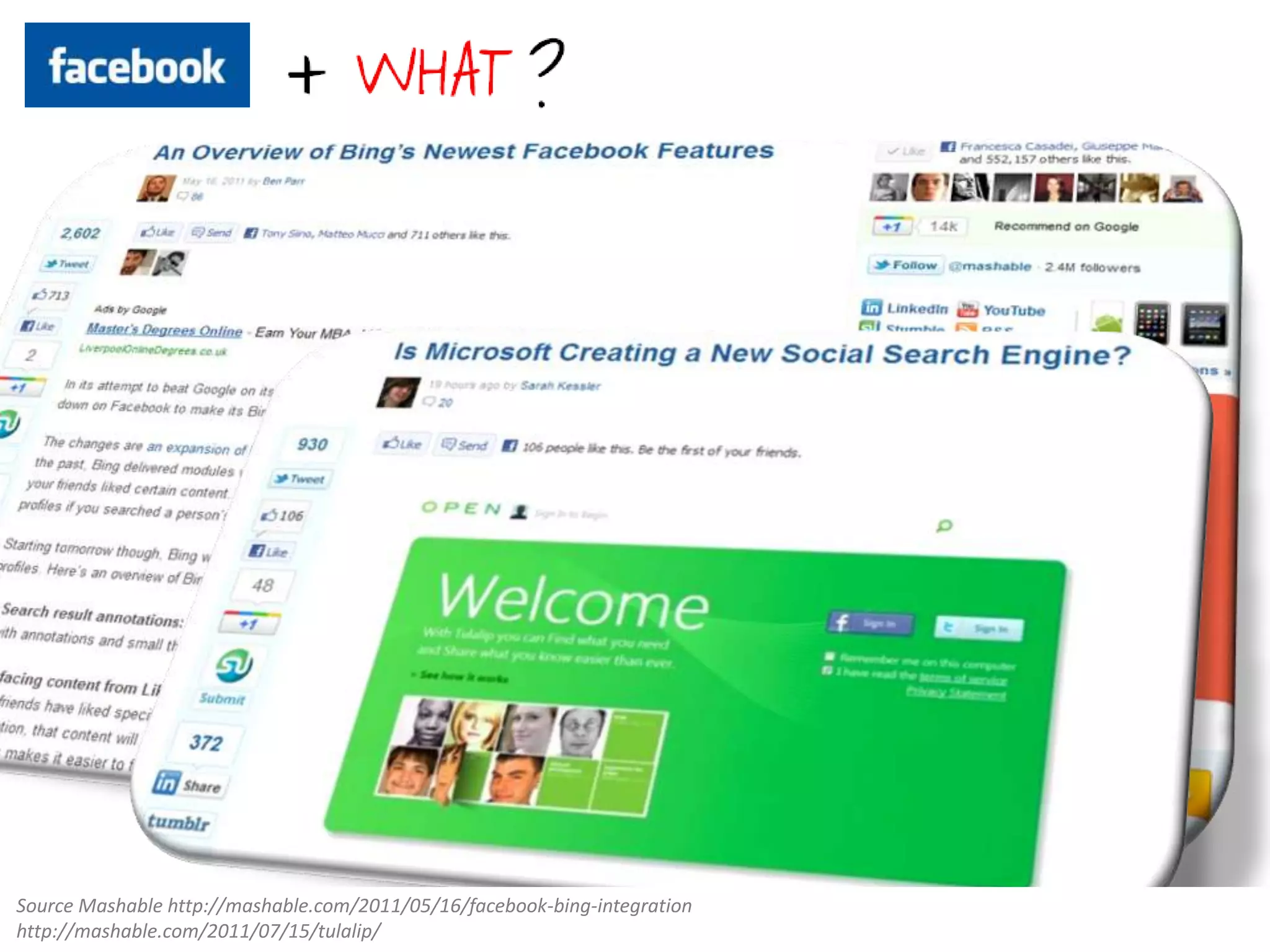 Source Mashable http://mashable.com/2011/05/16/facebook-bing-integration  http://mashable.com/2011/07/15/tulalip/