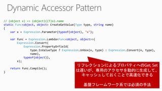 // (object x) => (object)((T)x).name
static Func<object, object> CreateGetValue(Type type, string name)
{
var x = Expression.Parameter(typeof(object), "x");
var func = Expression.Lambda<Func<object, object>>(
Expression.Convert(
Expression.PropertyOrField(
type.IsValueType ? Expression.Unbox(x, type) : Expression.Convert(x, type),
name),
typeof(object)),
x);
return func.Compile();
}
 