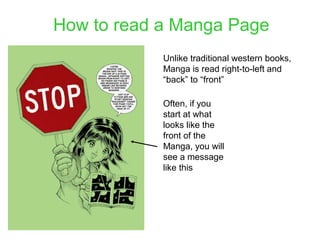 How to read a Manga Page
Unlike traditional western books,
Manga is read right-to-left and
“back” to “front”
Often, if you
start at what
looks like the
front of the
Manga, you will
see a message
like this
 
