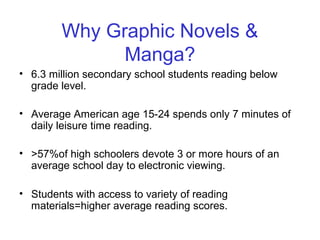 Why Graphic Novels &
Manga?
• 6.3 million secondary school students reading below
grade level.
• Average American age 15-24 spends only 7 minutes of
daily leisure time reading.
• >57%of high schoolers devote 3 or more hours of an
average school day to electronic viewing.
• Students with access to variety of reading
materials=higher average reading scores.
 