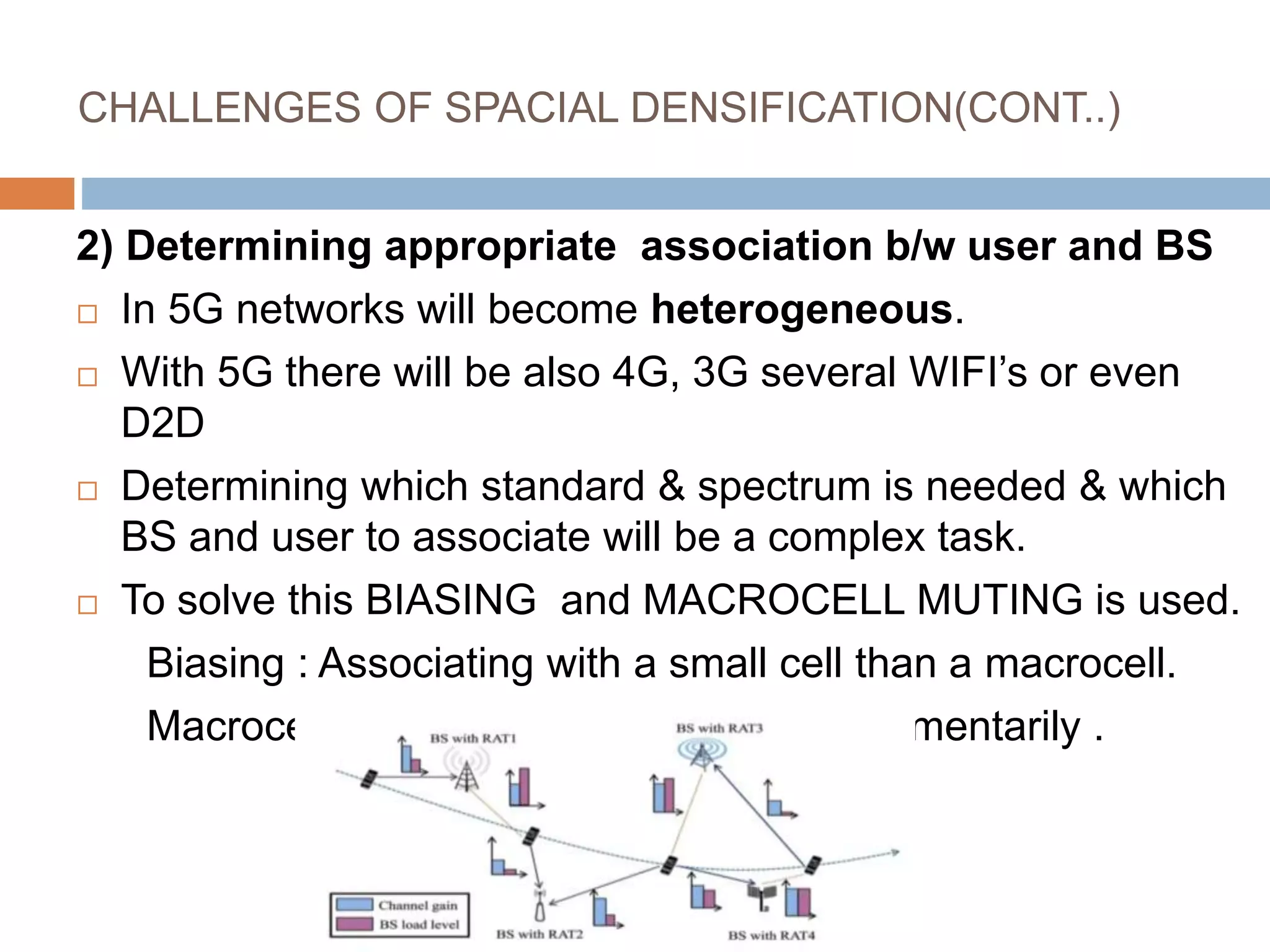 CHALLENGES OF SPACIAL DENSIFICATION(CONT..)
2) Determining appropriate association b/w user and BS
 In 5G networks will become heterogeneous.
 With 5G there will be also 4G, 3G several WIFI’s or even
D2D
 Determining which standard & spectrum is needed & which
BS and user to associate will be a complex task.
 To solve this BIASING and MACROCELL MUTING is used.
Biasing : Associating with a small cell than a macrocell.
Macrocell muting: Shutting macrocell momentarily .
 