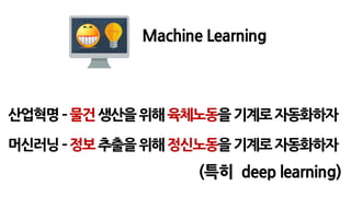 Machine Learning
산업혁명–물건생산을위해육체노동을기계로자동화하자
머신러닝–정보추출을위해정신노동을기계로자동화하자
(특히 deep learning)
 