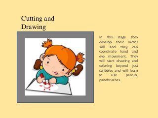 Cutting and
Drawing
In this stage they
develop their motor
skill and they can
coordinate hand and
eye movement. They
will start drawing and
coloring beyond just
scribbles and will learn
to use pencils,
paintbrushes.
 
