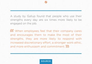 A study by Gallup found that people who use their
strengths every day are six times more likely to be
engaged on the job.
...