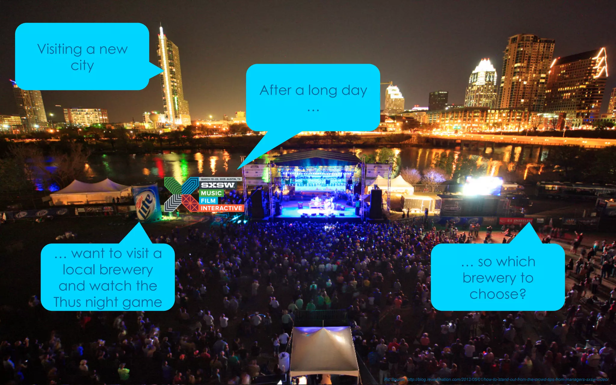© 2015 IBM Corporation 22SXSW 2015
Visiting a new
city
Pic Source: http://blog.reverbnation.com/2012/05/01/how-to-stand-out-from-the-crowd-tips-from-managers-sxsw-video/
After a long day
…
… want to visit a
local brewery
and watch the
Thus night game
… so which
brewery to
choose?
 