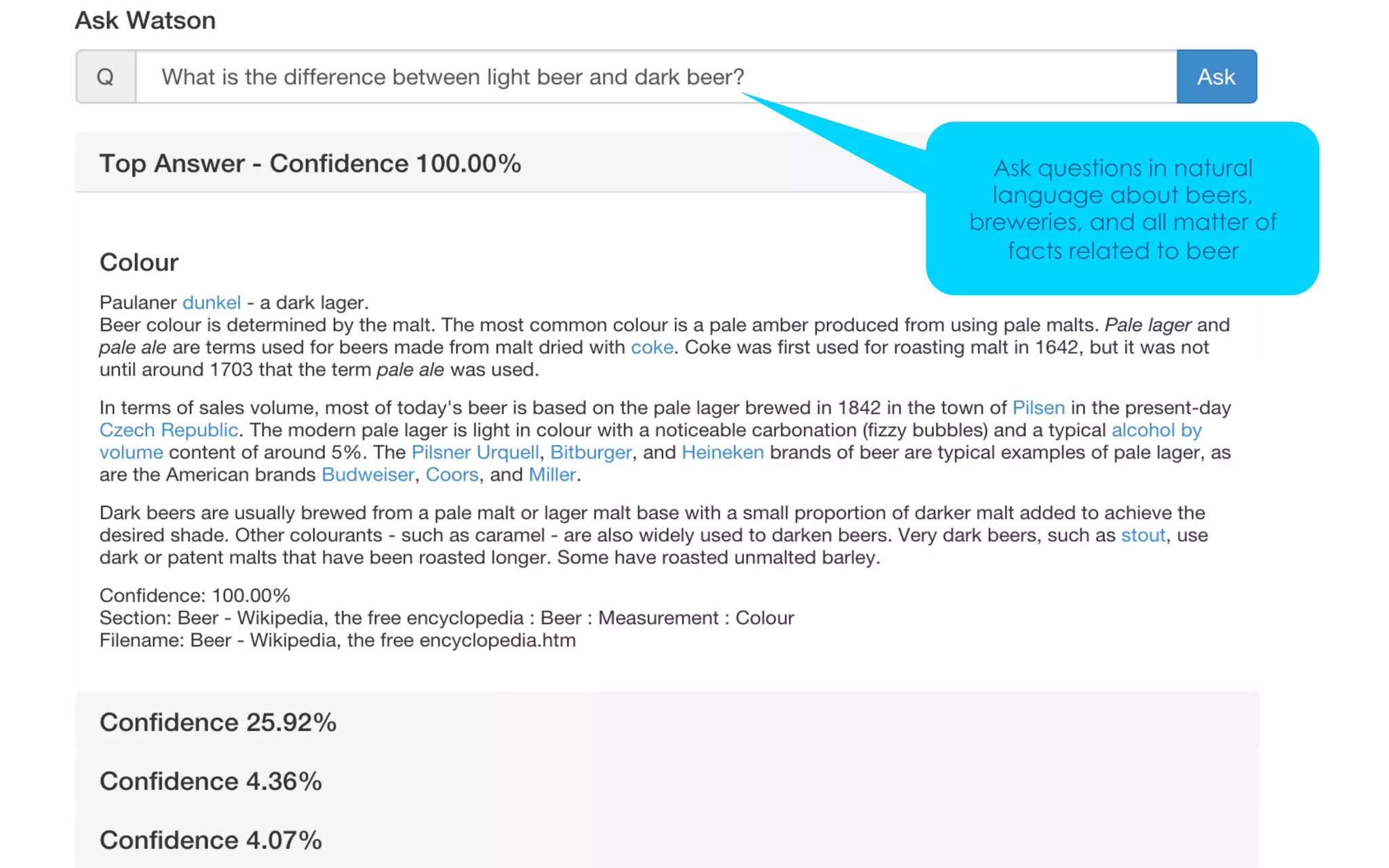 © 2015 IBM Corporation 31SXSW 2015
Ask questions in natural
language about beers,
breweries, and all matter of
facts related to beer
 