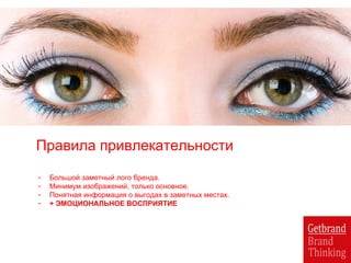 Правила привлекательности
- Большой заметный лого бренда.
- Минимум изображений, только основное.
- Понятная информация о выгодах в заметных местах.
- + ЭМОЦИОНАЛЬНОЕ ВОСПРИЯТИЕ
 