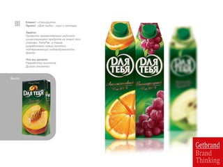 Клиент: «Сеньорита»
Проект: «Для тебя» - соки и нектары
Задача:
Провести преемственный редизайн
существуещего продукта на новый тип
упаковки TetraPak, а также
разработать новый логотип,
подчеркивающий индивидуальность
бренда
Что мы делали:
Разработка логотипа
Дизайн этикетки
Было
 