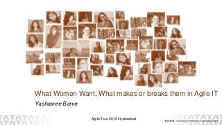 1
Agile Tour 2015 Hyderabad
Yashasree Barve
What Women Want, What makes or breaks them in Agile IT
 