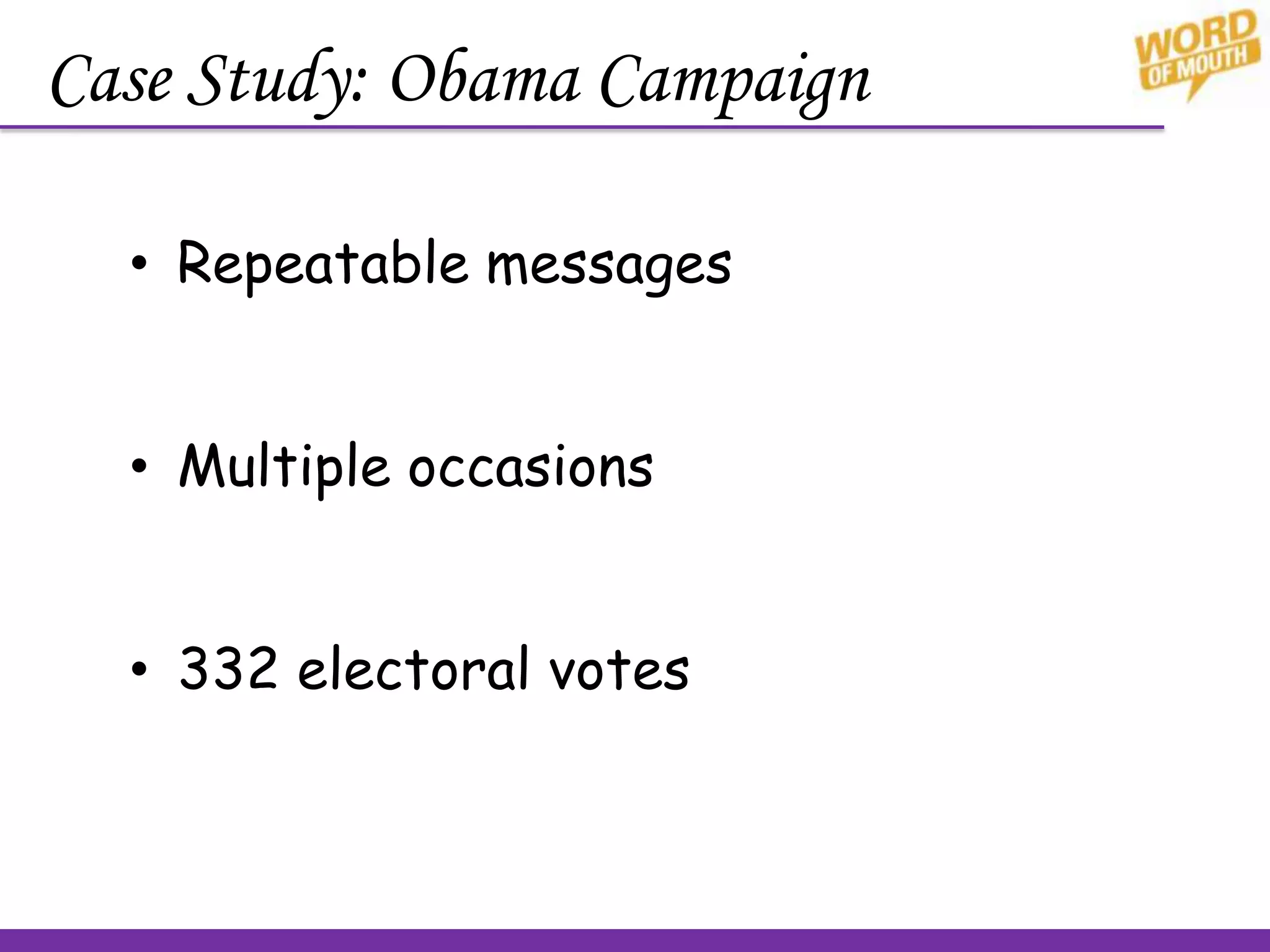 Case Study: Obama Campaign
• Repeatable messages
• Multiple occasions
• 332 electoral votes
 