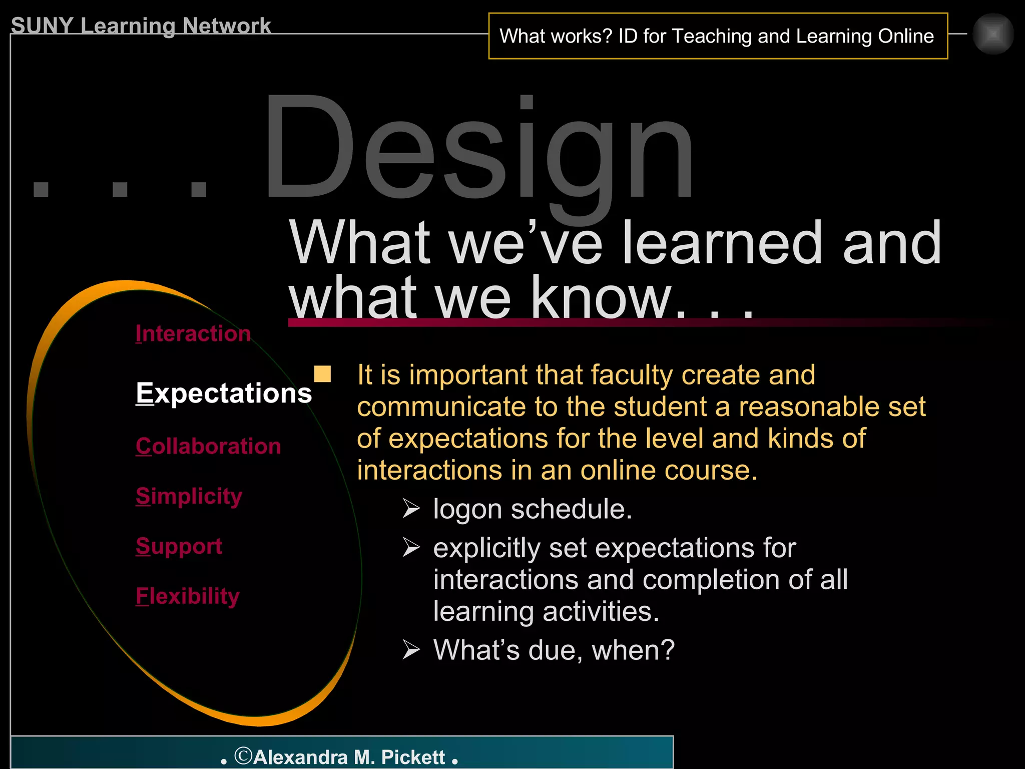 It is important that faculty create and communicate to the student a reasonable set of expectations for the level and kinds of interactions in an online course. logon schedule. explicitly set expectations for interactions and completion of all learning activities. What’s due, when? What we’ve learned and what we know. . . I nteraction E xpectations C ollaboration S implicity S upport F lexibility . . . Design 