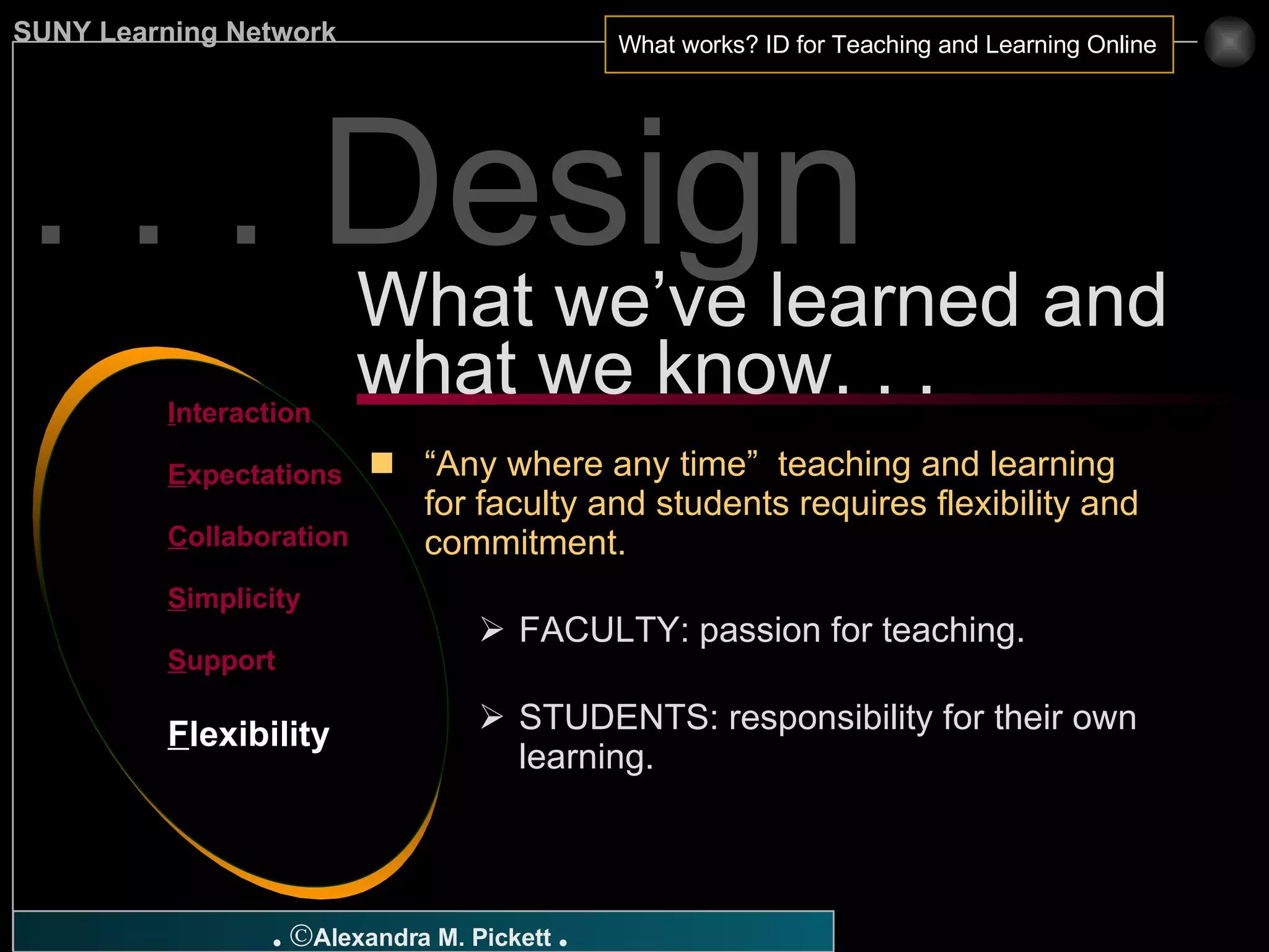 . . . Design “ Any where any time”  teaching and learning for faculty and students requires flexibility and commitment. FACULTY: passion for teaching. STUDENTS: responsibility for their own learning. What we’ve learned and what we know. . . I nteraction E xpectations C ollaboration S implicity S upport F lexibility 