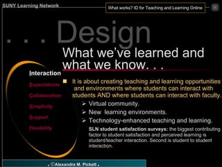 . . . Design I nteraction E xpectations C ollaboration S implicity S upport F lexibility It is about creating teaching and learning opportunities  and environments where students can interact with students AND where students can interact with faculty. Virtual community. New  learning environments. Technology-enhanced teaching and learning. SLN student satisfaction surveys:  the biggest contributing factor to student satisfaction and perceived learning is student/teacher interaction. Second is student to student interaction. What we’ve learned and what we know. . . 