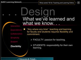 . . . Design “ Any where any time”  teaching and learning for faculty and students requires flexibility and commitment. FACULTY: passion for teaching. STUDENTS: responsibility for their own learning. What we’ve learned and what we know. . . I nteraction E xpectations C ollaboration S implicity S upport F lexibility 