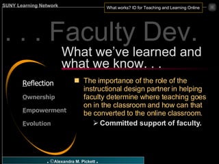 . . . Faculty Dev. R eflection O wnership E mpowerment E volution The importance of the role of the instructional design partner in helping faculty determine where teaching goes on in the classroom and how can that be converted to the online classroom.   Committed support of faculty. What we’ve learned and what we know. . . 
