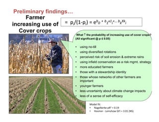 What  the probability of increasing use of cover crops?
(All significant @ p ≤ 0.05)
• using no-till
• using diversified rotations
• perceived risk of soil erosion & extreme rains
• using infield conservation as a risk mgmt. strategy
• more educated farmers
• those with a stewardship identity
• those whose networks of other farmers are
important
• younger farmers
• less uncertainty about climate change impacts
• less of a sense of self-efficacy
Preliminary findings…
=  pi/(1‐pi) = eb
0
+ b
1
x1
i
+… b
k
Xk
i
Farmer
increasing use of
Cover crops
Model fit: 
• Nagelkerke pR2 = 0.19
• Hosmer ‐ Lemshow GFI = 3.01 (NS)
 