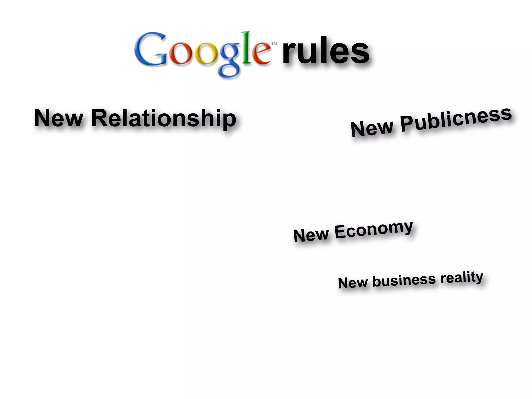 rules
New Relationship         New Pu blicness



                               y
                   N ew Econom

                       New business reality
 