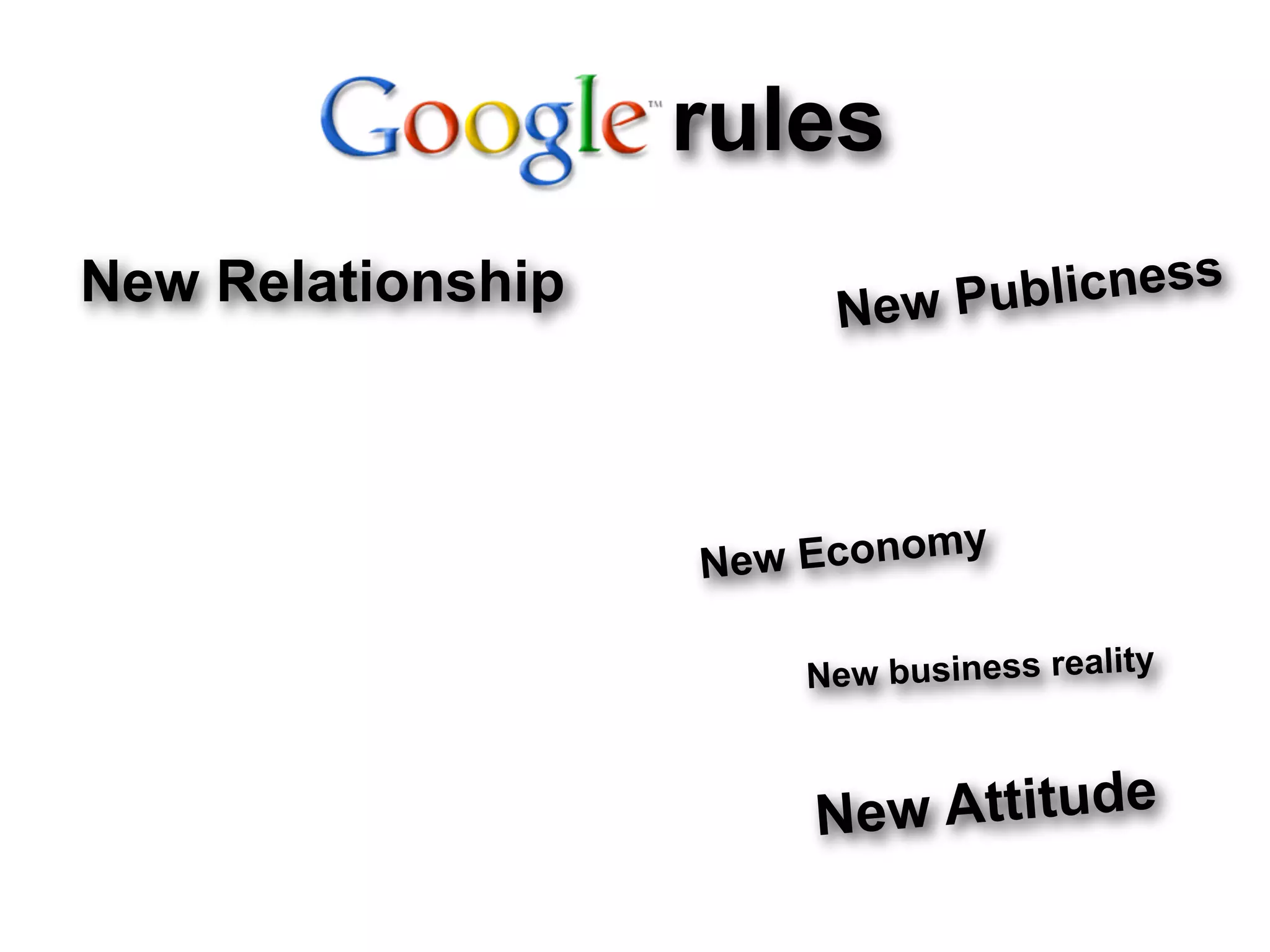 rules
New Relationship         New Pu blicness



                               y
                   N ew Econom

                       New business reality



                        Ne w Attitude
 